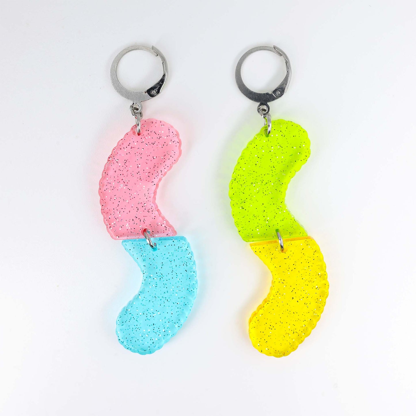 Sour Gummy Worms - Glitter, Mis Match Acrylic Earrings