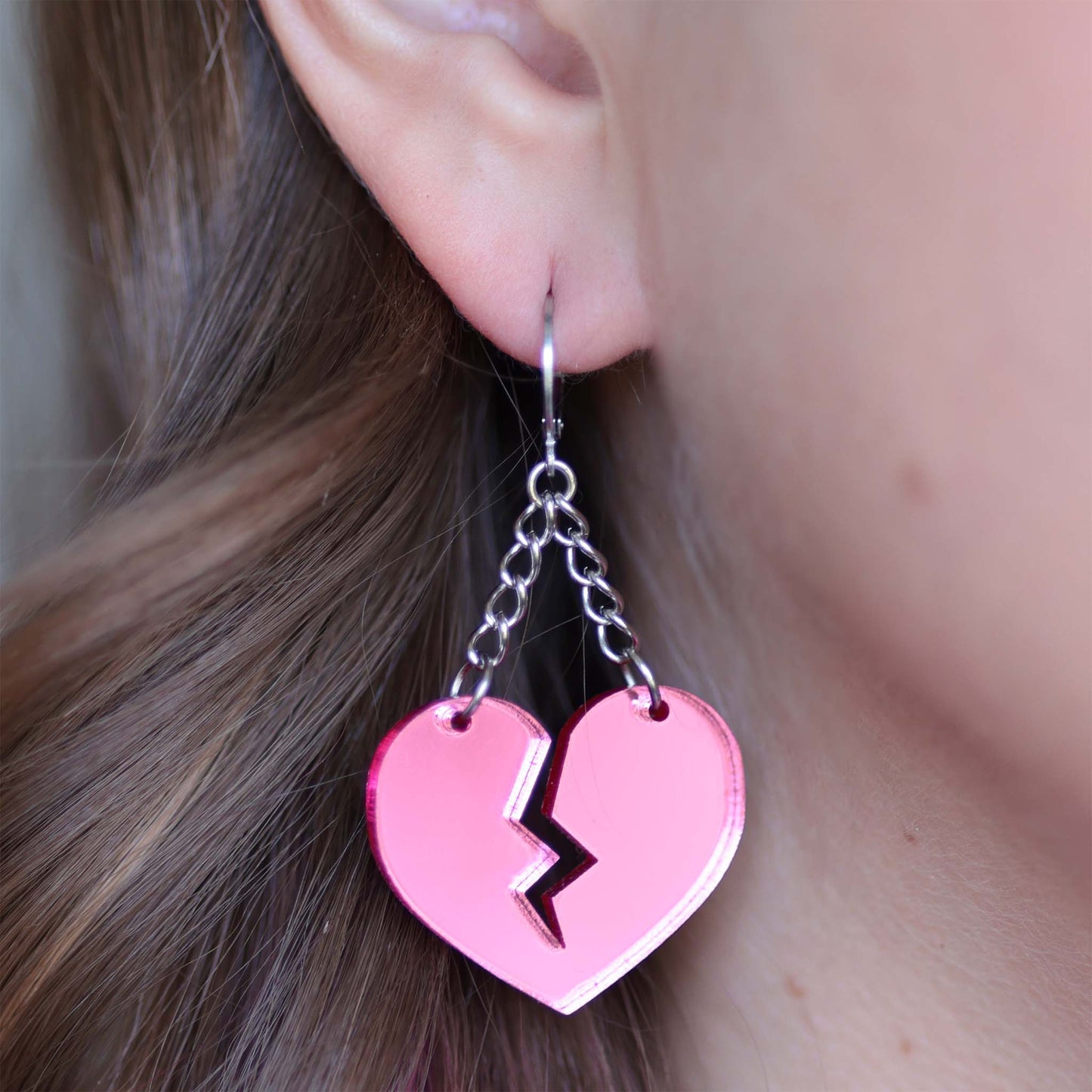 Broken Hearts — Acrylic Earrings, Pink Mirror