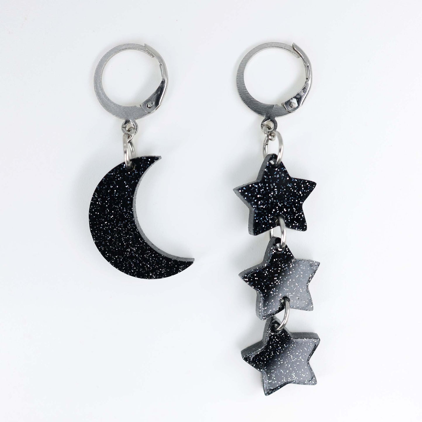 Mis-matched Moon and Stars Acrylic Earrings - Blue, Gold, Silver, Black