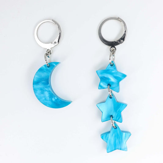 Mis-matched Moon and Stars Acrylic Earrings - Blue, Gold, Silver, Black