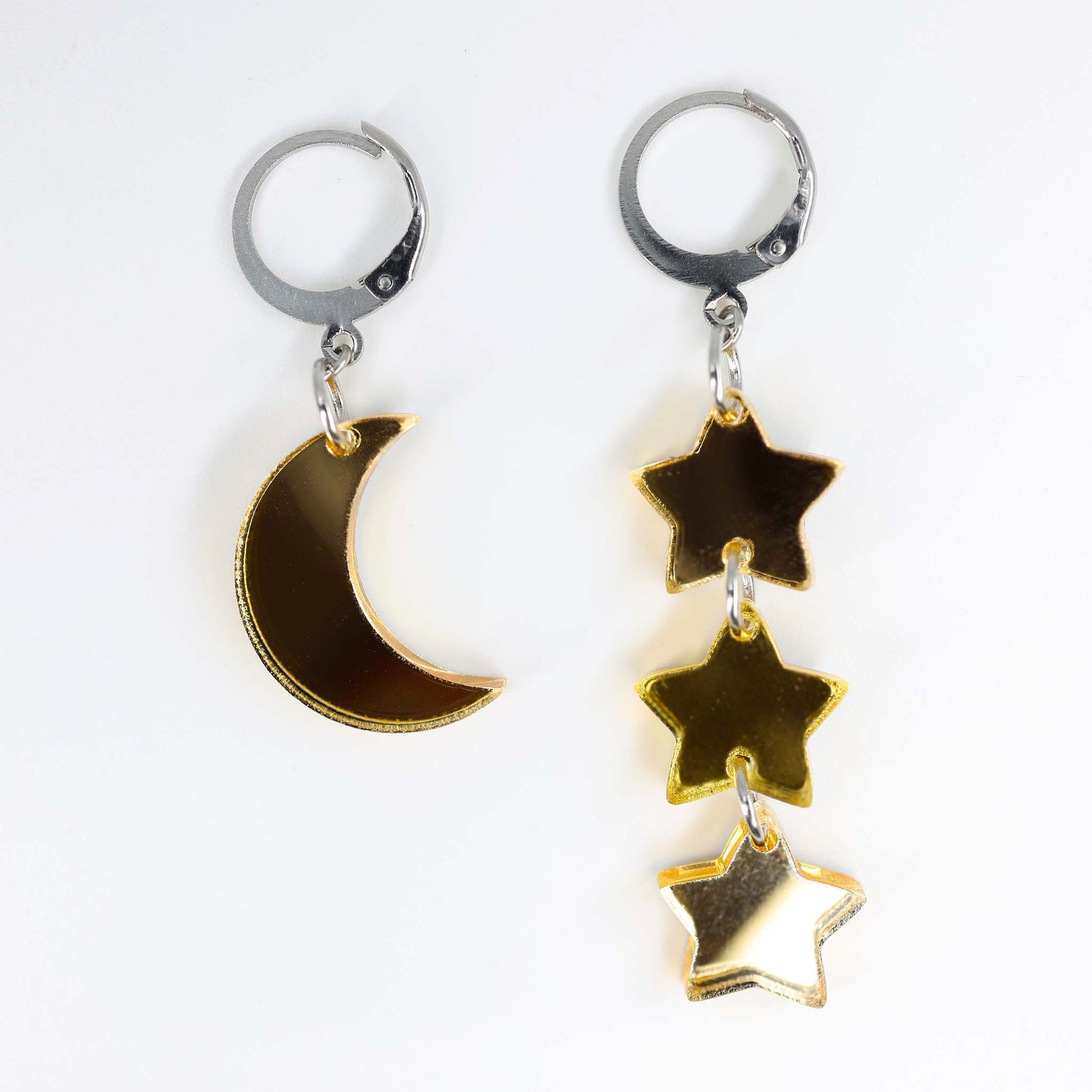 Mis-matched Moon and Stars Acrylic Earrings - Blue, Gold, Silver, Black