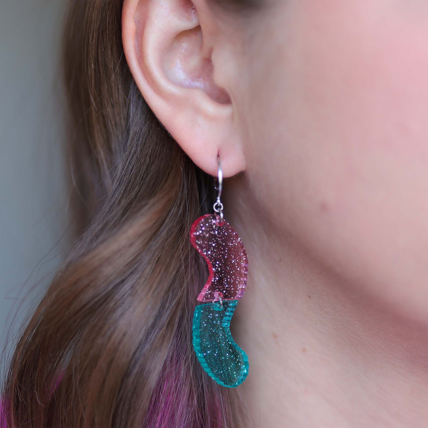 Sour Gummy Worms - Glitter, Mis Match Acrylic Earrings